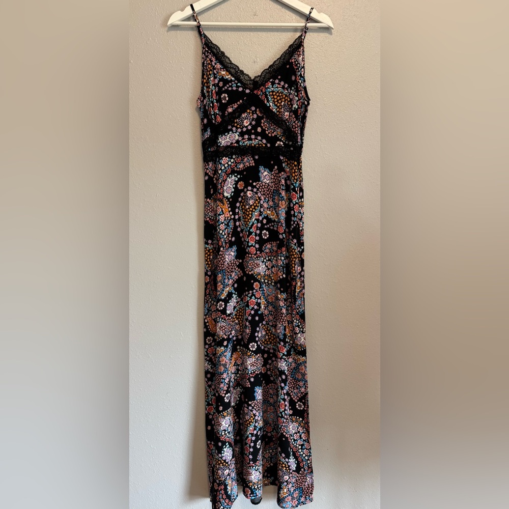 LOVESTITCH Floral Lace Trim Maxi Dress Black Boho Smocked Back Small NWT - Picture 3 of 10